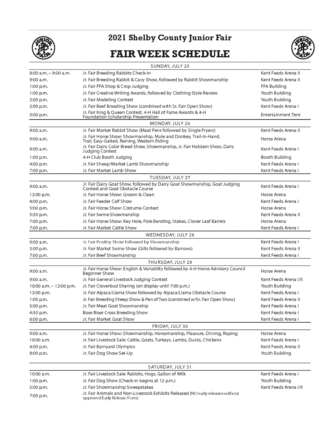 Jr. Fair Schedule Shelby County Fair