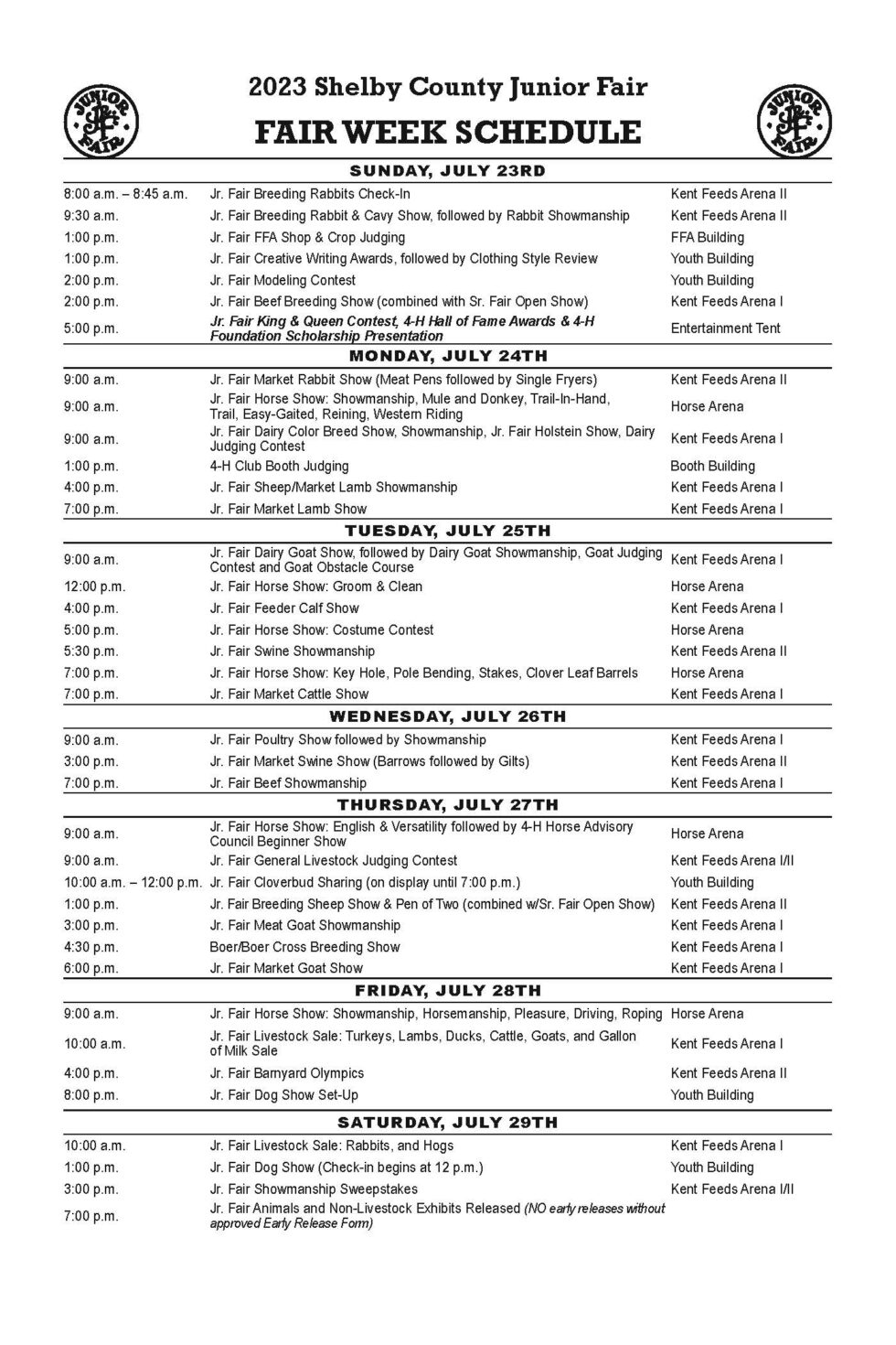 Jr. Fair Schedule Shelby County Fair