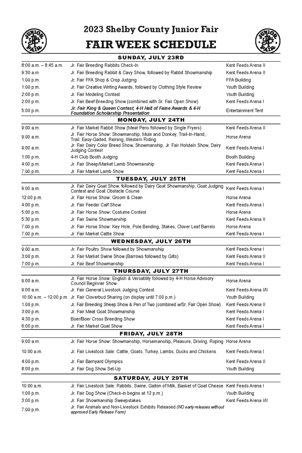 Jr. Fair Schedule Shelby County Fair